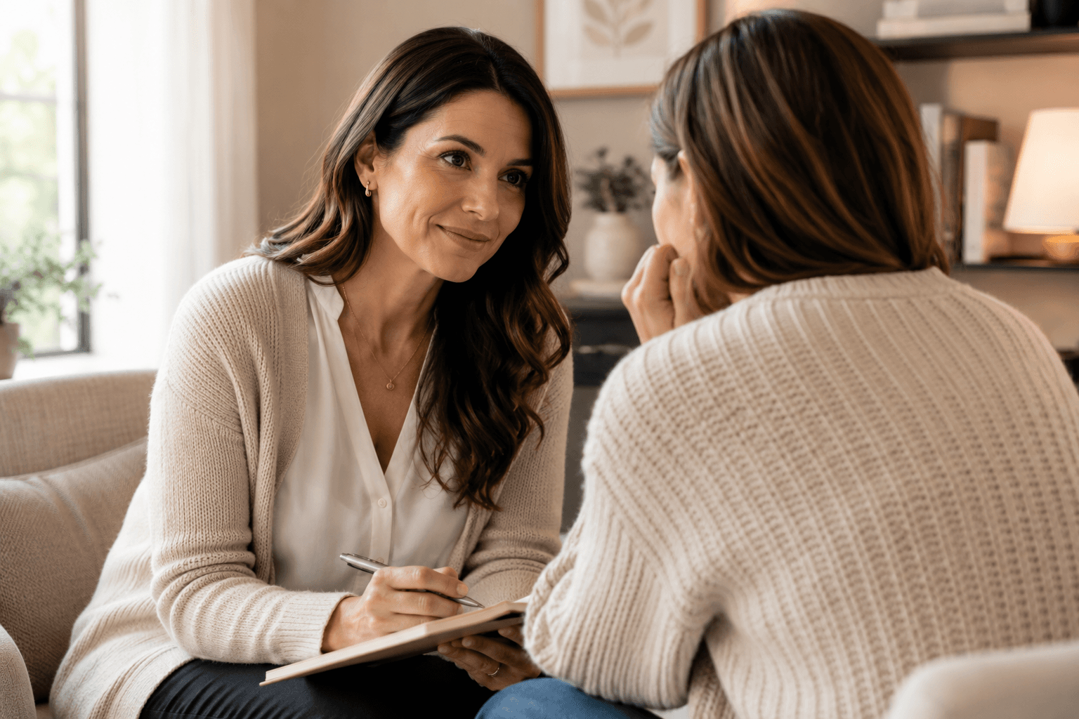 An independent counselor listening attentively during a conversation